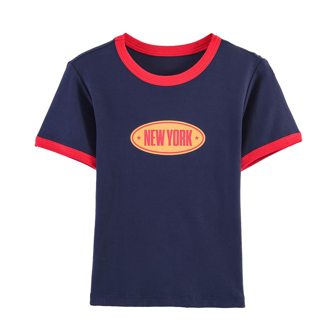Damen modisches T-Shirt mit kontrastierenden Ärmeln und aufgedrucktem Schriftzug Echo Archiv