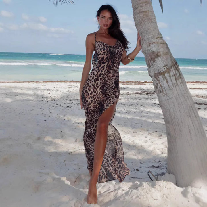 Damen Maxikleid mit Leopardenmuster und tiefem Schlitz Echo Archiv