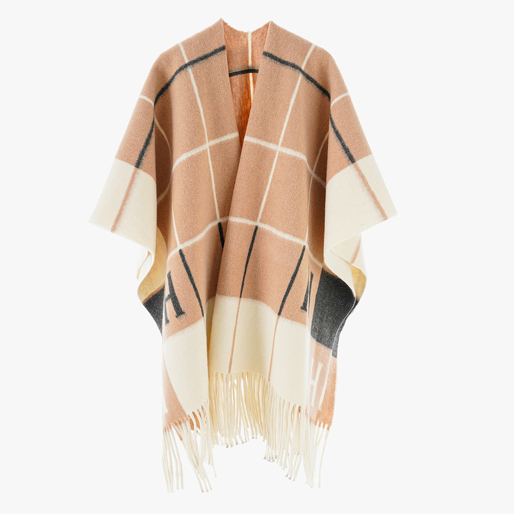 Damen Oversize-Überwurf aus Wollmix mit Monogramm-Karomuster und Fransensaum Echo Archiv
