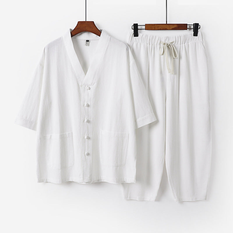 Unisex Leichtes Kimono-Lounge-Set aus Baumwoll-Leinen mit Kurzarmjacke und Kordelbund-Hose Echoarchiv
