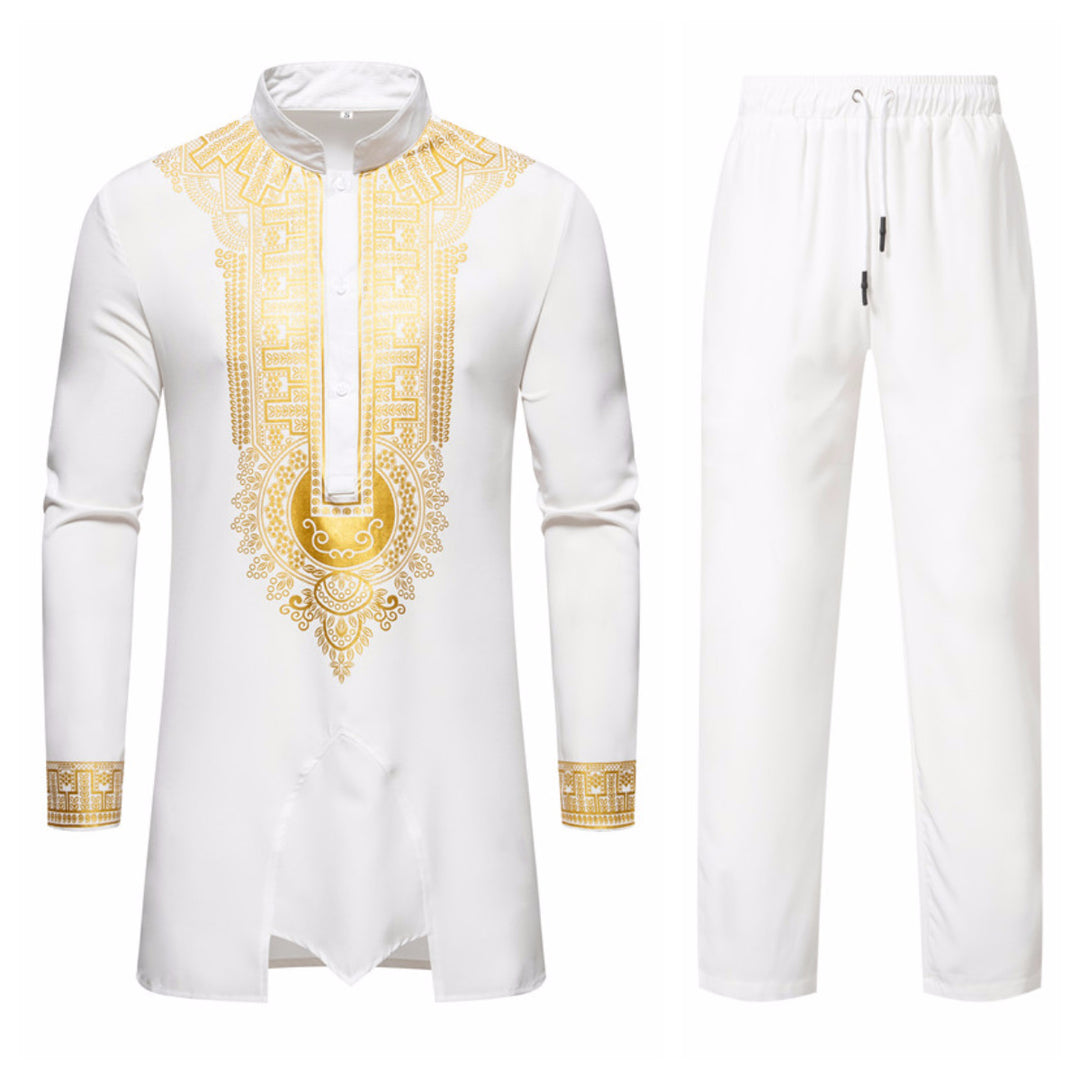 Herren Traditionelles Tunika-Set mit Stehkragen und goldfarbenem Ornamentdruck, Longshirt & Tunnelzughose Echo Archiv