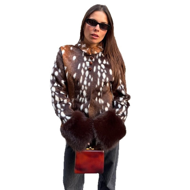 Damen Taillierte Kurzjacke mit Leopardenmuster und Kunstpelzmanschetten Echo Archiv