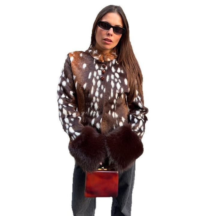 Damen Taillierte Kurzjacke mit Leopardenmuster und Kunstpelzmanschetten Echo Archiv