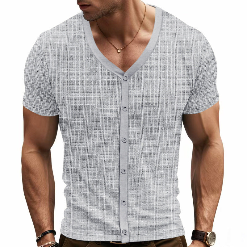 Herren Kurzarmshirt mit modernem V-Ausschnitt und stylischem Knopfverschluss Echoarchiv