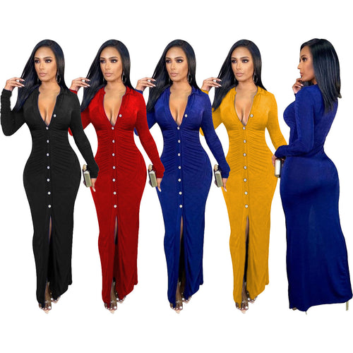 Damen Figurbetontes Maxikleid mit Knopfleiste, Raffung und tiefem V-Ausschnitt – Valéora