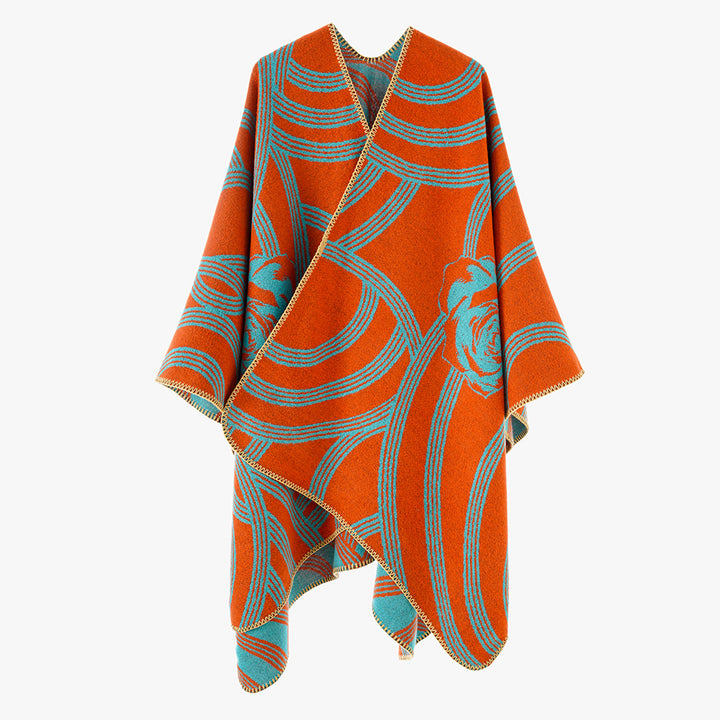 Damen Jacquard‑Capeponcho mit Rosendessin und Oversize‑Fall Echo Archiv