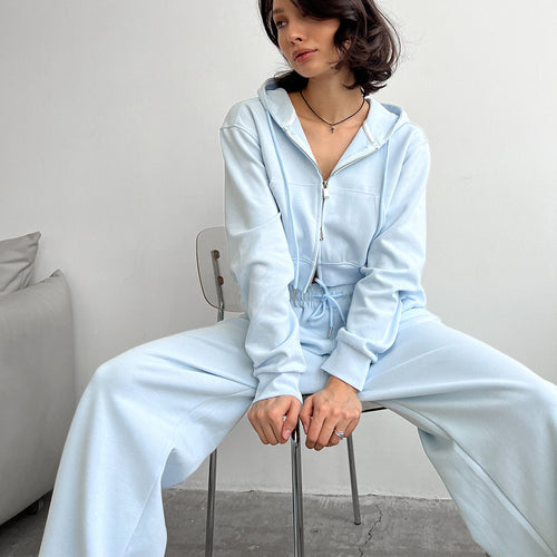 Damen Kurzes Zip-Kapuzen-Set mit taillenhoher weiter Loungehose – Auréline