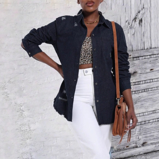 Damen Oversize-Denim-Hemdjacke mit Used-Effekten und rohem Saum Echo Archiv