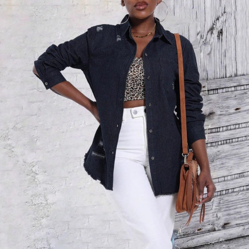 Damen Oversize-Denim-Hemdjacke mit Used-Effekten und rohem Saum Echo Archiv