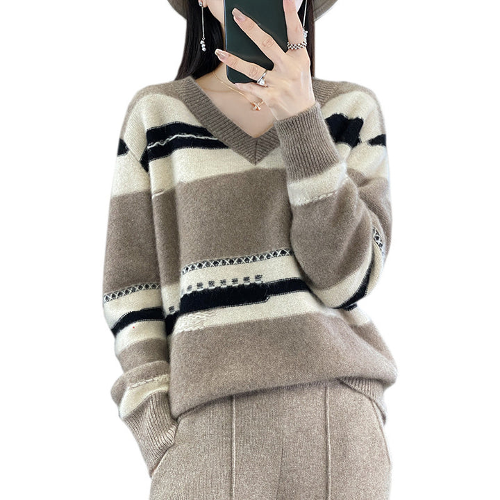 Damen Oversize-Strickpullover mit V‑Ausschnitt und grafischem Streifenmix Echoarchiv