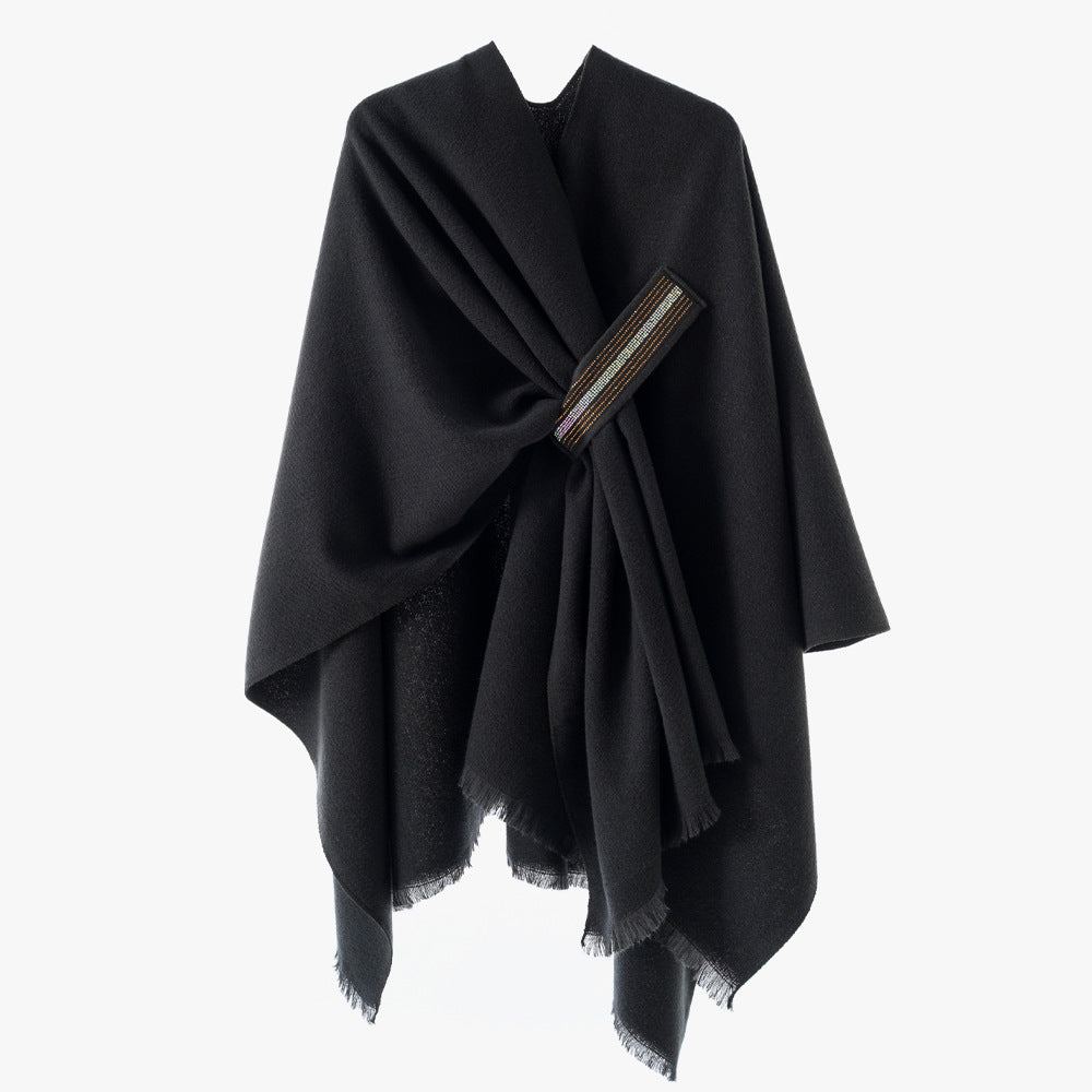 Damen Eleganter Wickel-Umhang aus Wollmischung mit Taillenschärpe und Fransensaum – Avérine