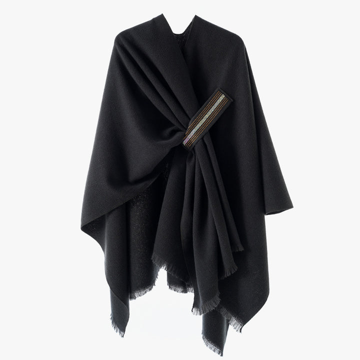 Damen Eleganter Wickel-Umhang aus Wollmischung mit Taillenschärpe und Fransensaum – Avérine