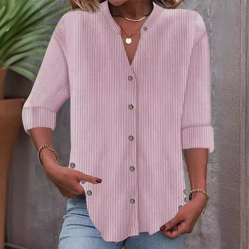 Damen Freizeit Gestreiftes Hemd Bluse mit Stehkragen, Durchgängige Knopfleiste und Roll-up 3/4 Ärmeln – Élovi