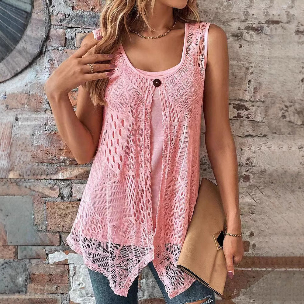 Damen nan zweilagiges Häkel-Overlay mit Jersey-Innentop, Ein-Knopf-Verschluss und asymmetrischem Zipfelsaum Echo Archiv