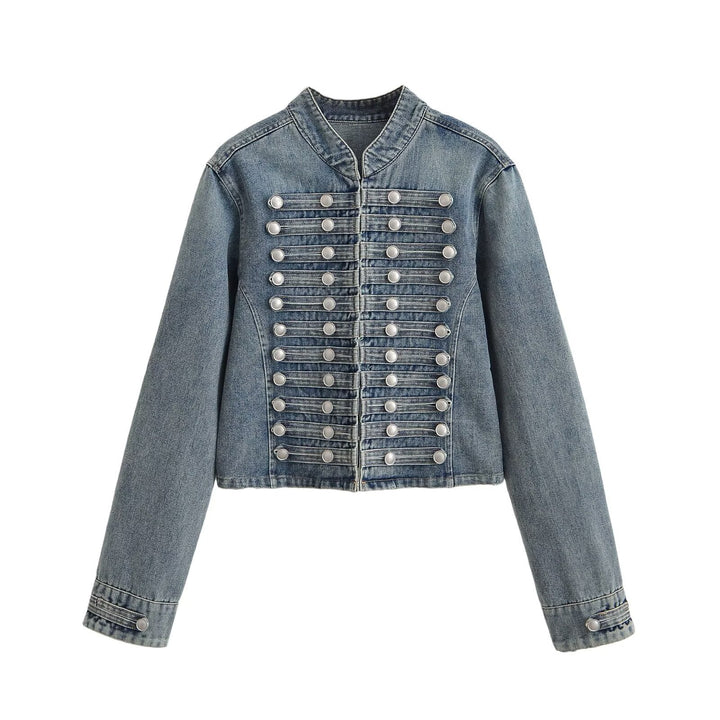 Damen Jeansjacke im Military-Stil mit Stehkragen und dekorativen Zierknopfleisten Echo Archiv