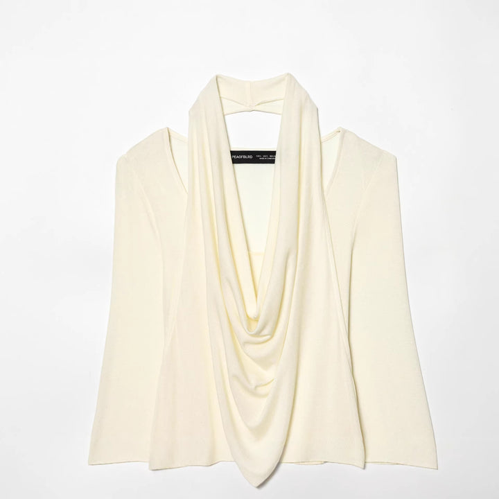 Damen drapiertes Langarmshirt mit tiefem Wasserfall-Cowl-Ausschnitt aus feinem Jersey – Avérine