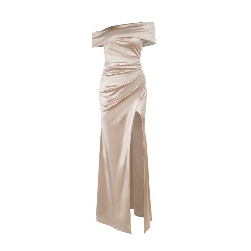 Damen Elegantes Satin Abendkleid mit asymmetrischem Träger und hohem Schlitz Echo Archiv