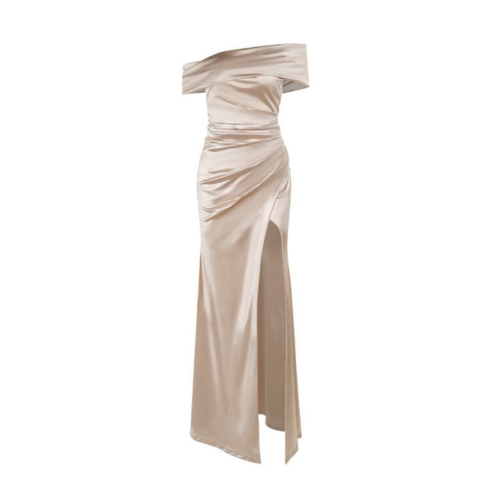 Damen Elegantes Satin Abendkleid mit asymmetrischem Träger und hohem Schlitz Echo Archiv