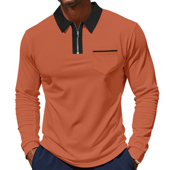 Herren nan langärmeliges Polo mit halbem Reißverschluss, aufgesetzter Brusttasche und feiner Strukturjersey-Qualität Echo Archiv