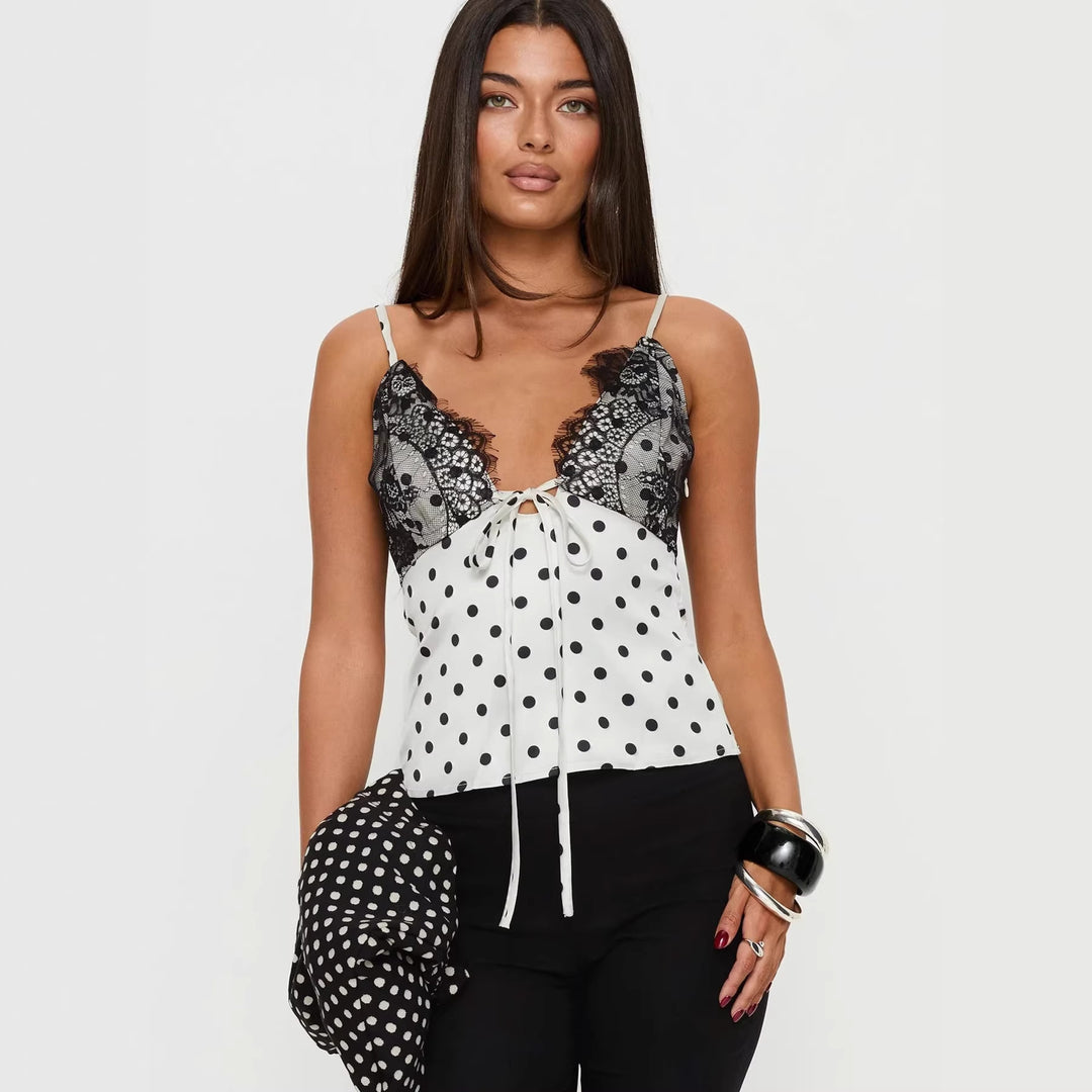 Damen Verspielt elegantes Spaghettiträgershirt mit Spitze und Punktemuster Echo Archiv