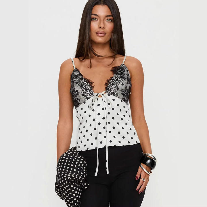 Damen Verspielt elegantes Spaghettiträgershirt mit Spitze und Punktemuster Echo Archiv