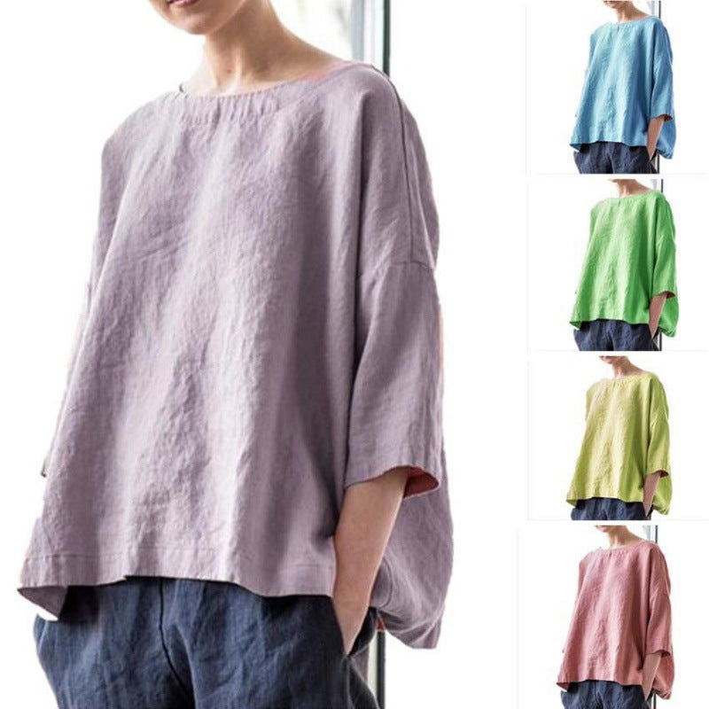 Damen Oversized Leinenbluse mit weitem Boxy‑Schnitt, U‑Boot‑Ausschnitt und 3/4‑Ärmeln Echo Archiv