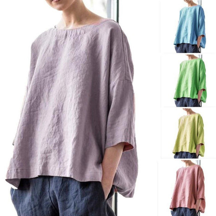 Damen Oversized Leinenbluse mit weitem Boxy‑Schnitt, U‑Boot‑Ausschnitt und 3/4‑Ärmeln Echo Archiv