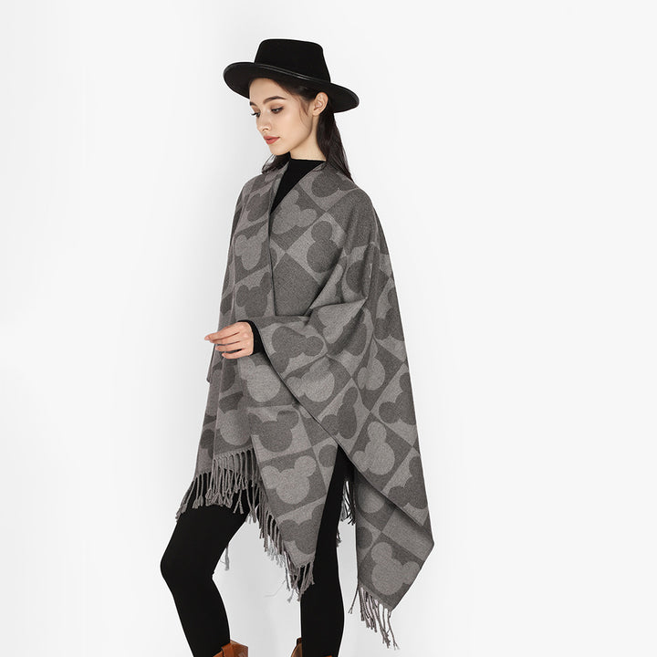 Damen Oversize-Capeponcho mit Jacquard-Motiv und Fransen Echo Archiv