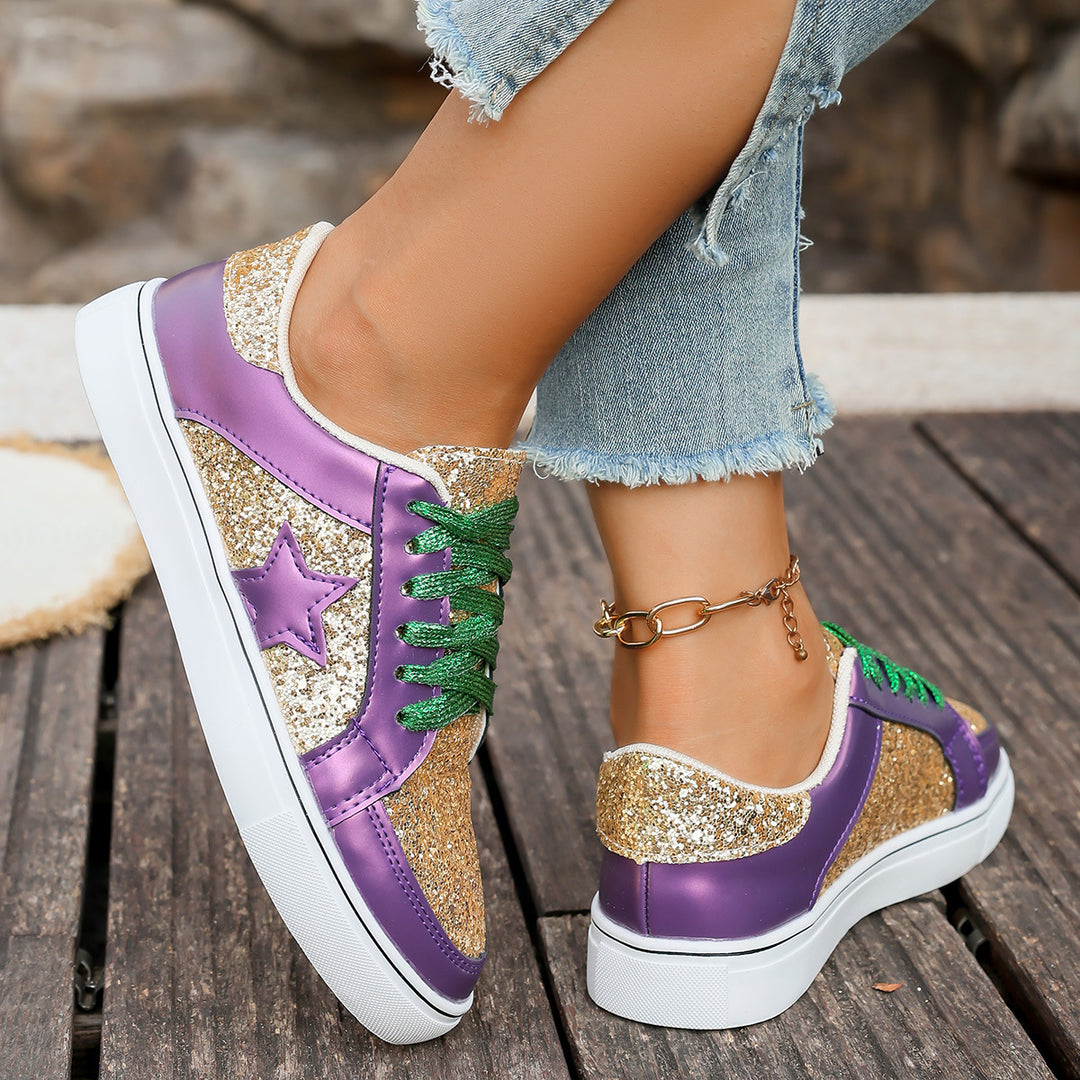 Damen modische Plateausneaker mit Glitzerpanelen, Sternapplikation und gepolsterter Komfortsohle Echo Archiv