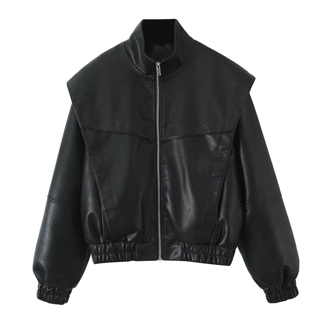 Damen Cropped Jacke im futuristischen Biker-Look aus veganer Lederoptik mit hohem Stehkragen und elastischem Saum Echoarchiv