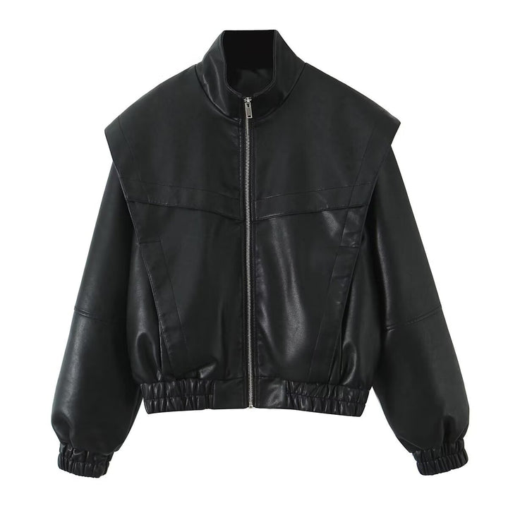 Damen Cropped Jacke im futuristischen Biker-Look aus veganer Lederoptik mit hohem Stehkragen und elastischem Saum Echoarchiv