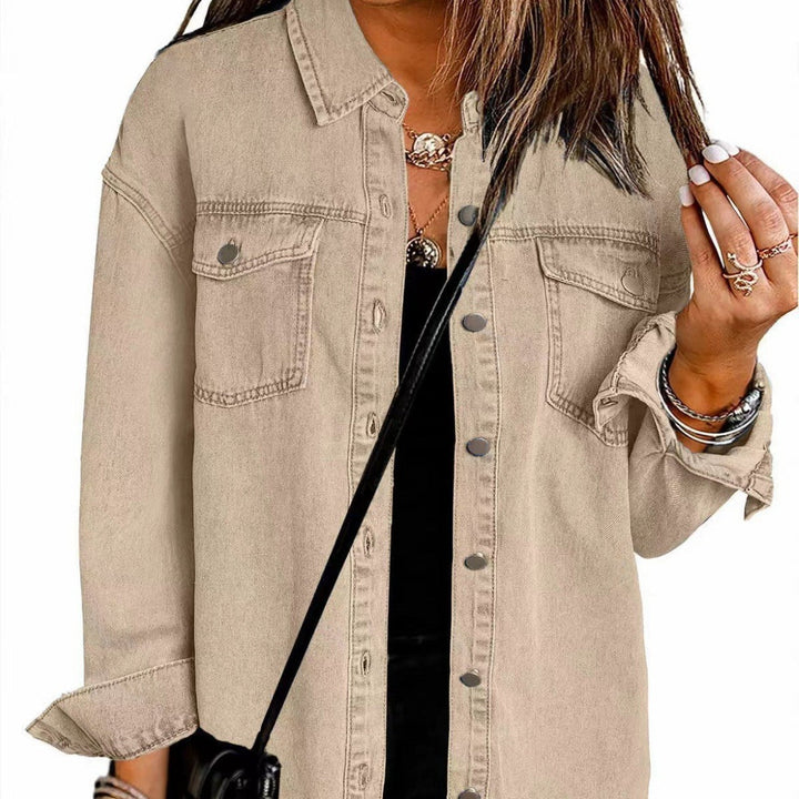 Damen Denim Overshirt mit fransigem Saum und Brusttaschen Echoarchiv
