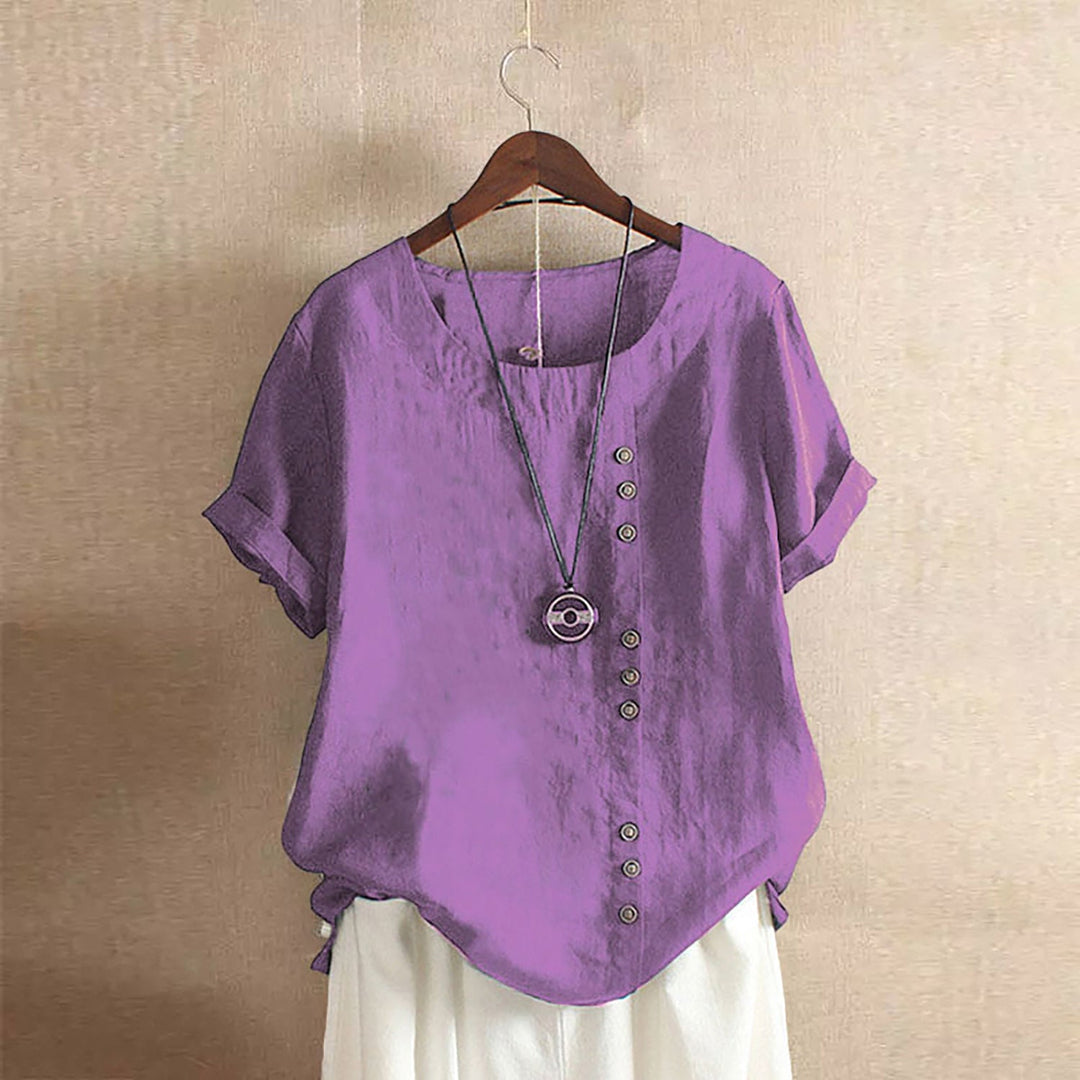 Damen Lässige Leinenbluse mit Umschlagbaren Ärmeln und Knopfdetails Echoarchiv