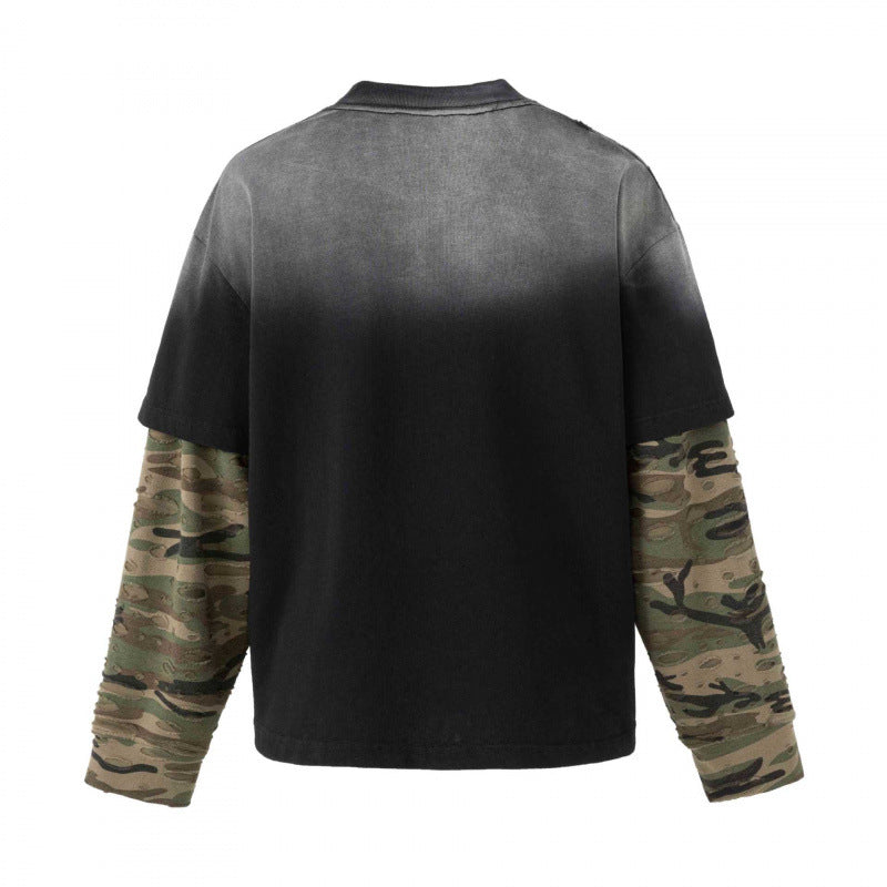 Unisex Oversize-Layering-Shirt mit Camouflage-Ärmeln, Vintage-Grafik und Destroy-Details Echo Archiv