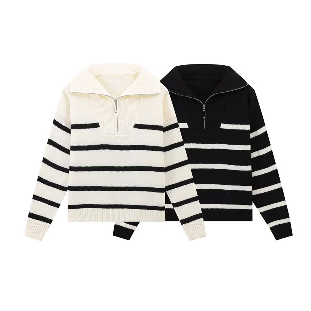 Damen Gestreifter Strickpullover mit hohem Rollkragen und halbem Reißverschluss Echoarchiv