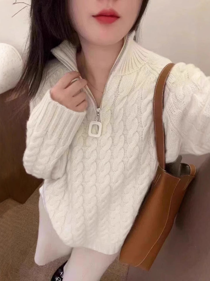 Damen Oversize Zopfmuster-Feinstrickpullover mit halbem Zipper und Stehkragen Echoarchiv