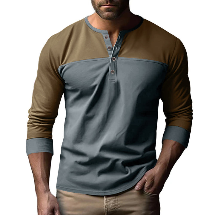 Herren Modernes Henley-Shirt mit Farbblock-Schulterpartie und Halbknopfleiste Echoarchiv