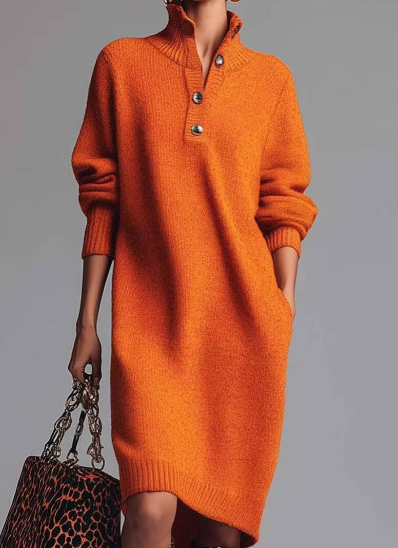 Damen nan gestricktes Pulloverkleid mit Polokragen, Eingrifftaschen und lässiger Passform Echo Archiv