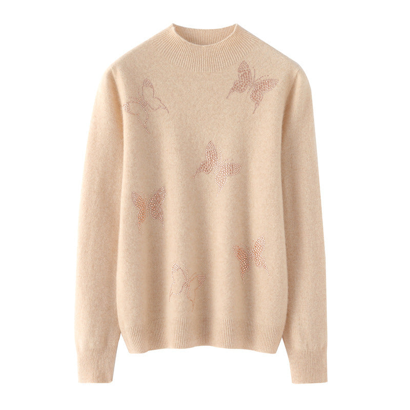 Damen Stehkragen-Feinstrickpullover mit Strass-Schmetterlingsapplikation Echoarchiv