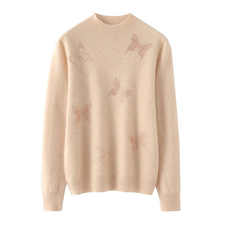 Damen Stehkragen-Feinstrickpullover mit Strass-Schmetterlingsapplikation Echoarchiv