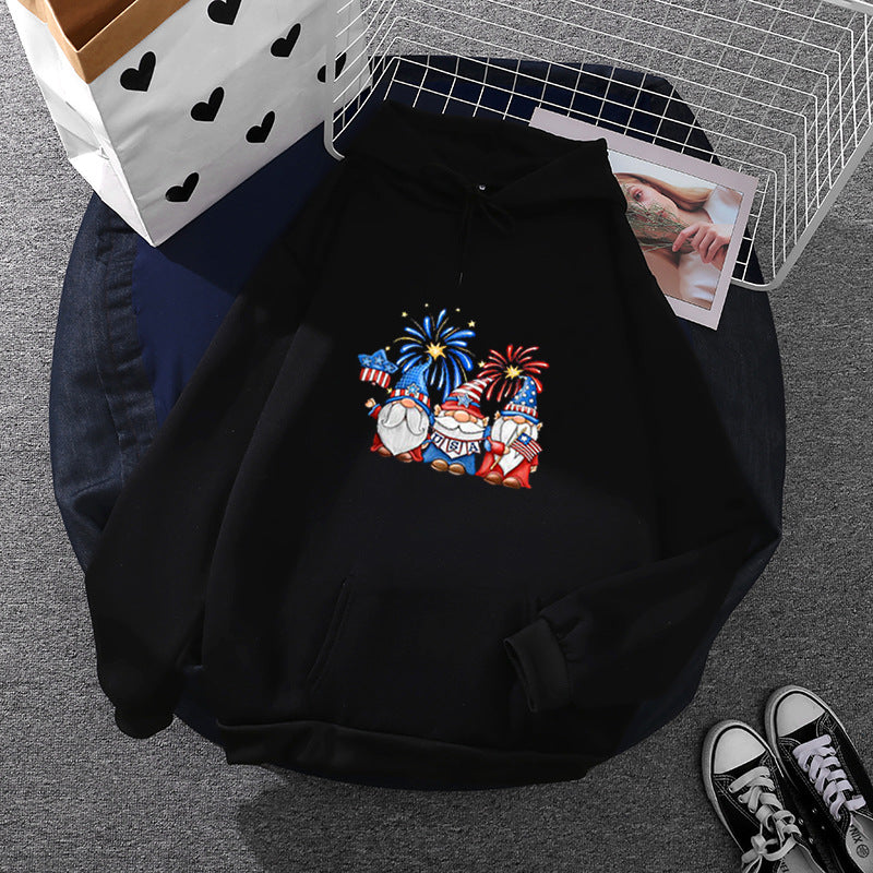 Damen Kapuzenpullover mit patriotischem Gartenzwerg-Print, angerautem Fleece-Innenfutter, Oversize-Schnitt und Kängurutasche – Auréline