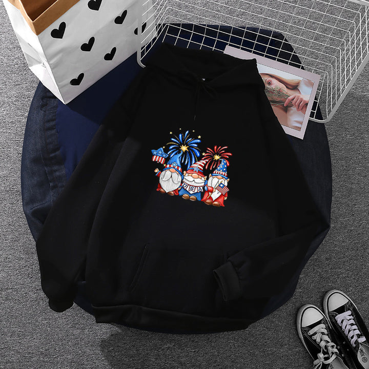 Damen Kapuzenpullover mit patriotischem Gartenzwerg-Print, angerautem Fleece-Innenfutter, Oversize-Schnitt und Kängurutasche – Auréline