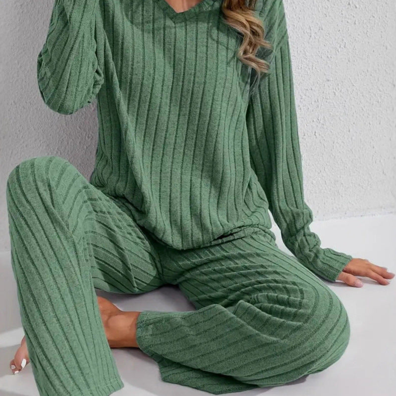 Damen Zweiteiliges geripptes Lounge-Set mit V-Ausschnitt und weitem Bein Echo Archiv