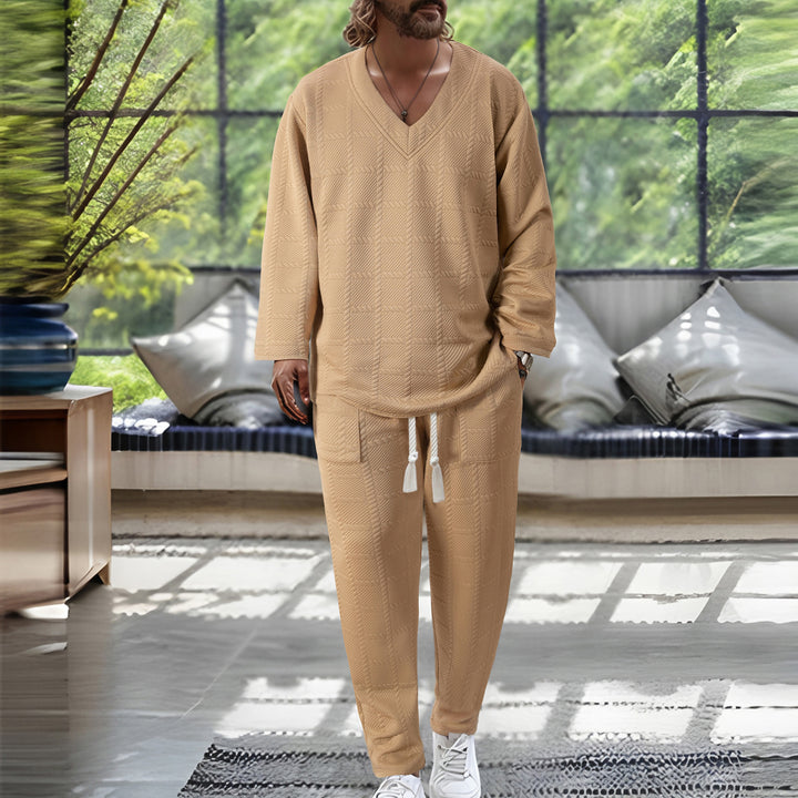 Herren lässiger V-Ausschnitt Freizeitanzug mit strukturiertem Design Echoarchiv