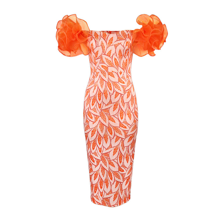 Damen Elegantes Midi-Kleid mit innovativen Puffärmeln und kunstvollem Druck Echo Archiv