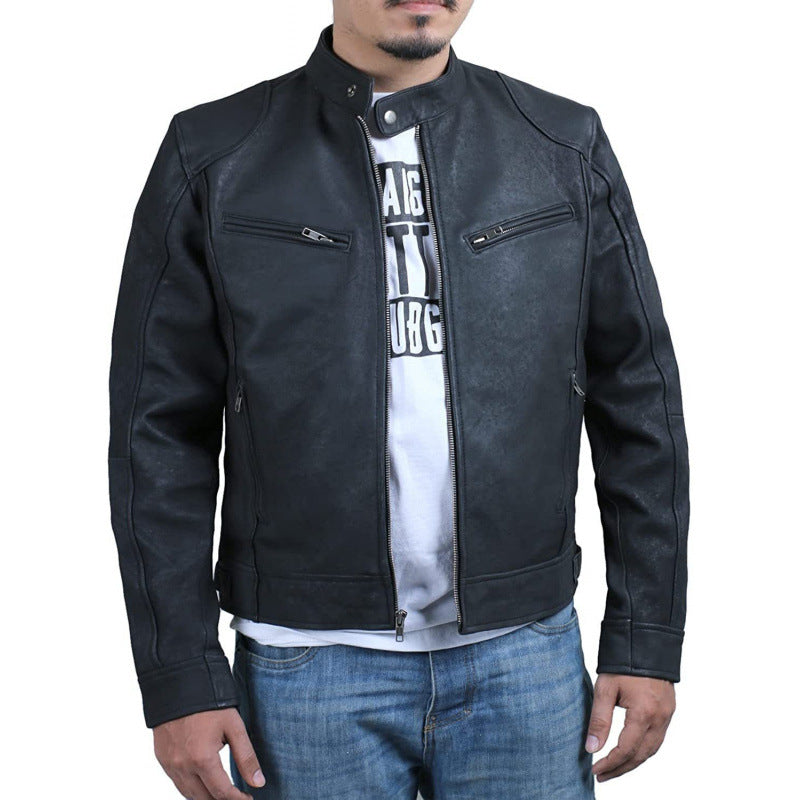 Herren Bikerjacke aus hochwertigem Leder mit kontrastierenden Nähten Echoarchiv
