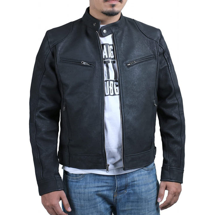 Herren Bikerjacke aus hochwertigem Leder mit kontrastierenden Nähten Echoarchiv