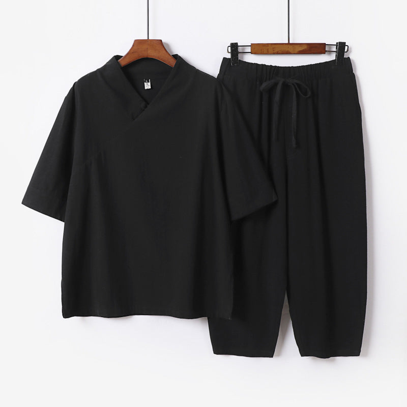 Herren Atmungsaktives Leinen-Baumwoll Lounge-Set mit asymmetrischem V-Kragen und elastischer Kordelhose Echoarchiv
