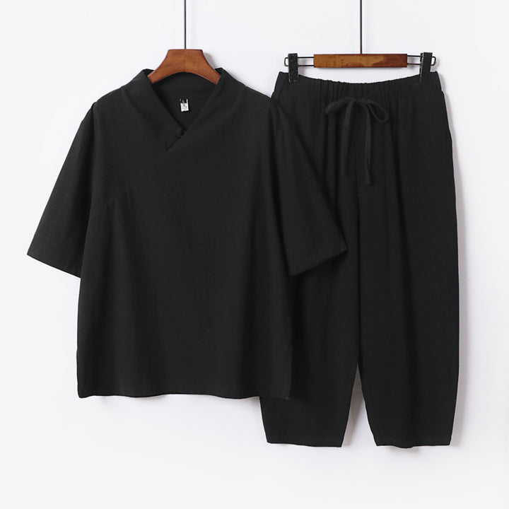 Herren Atmungsaktives Leinen-Baumwoll Lounge-Set mit asymmetrischem V-Kragen und elastischer Kordelhose Echoarchiv