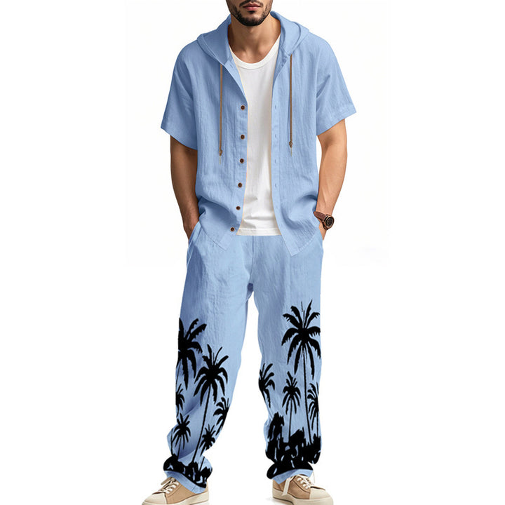 Herren lässiges Sommer-Outfit mit Kapuze und aufgedrucktem Palmenmuster Echoarchiv